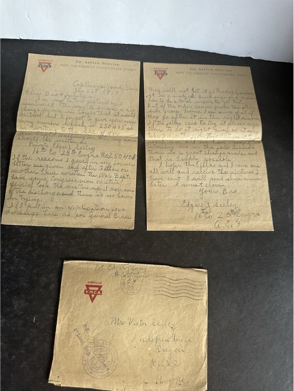 1919 WWI AEF Soldier Letter Edgar Seeley YMCA France Discharge + Envelope